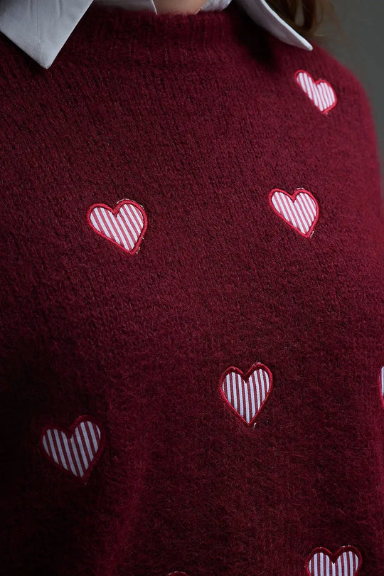 Burgundy Crew Neck Sweater With Striped Hearts - One Size / Red - Sweaters