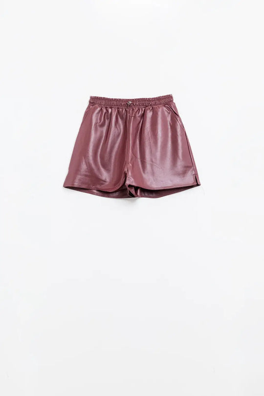 Burgundy faux leather shorts with gathering at the waist with drawstring - Pants