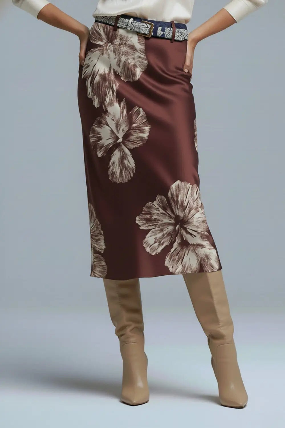 Q2 Burgundy Floral Satin Midi Skirt in satin