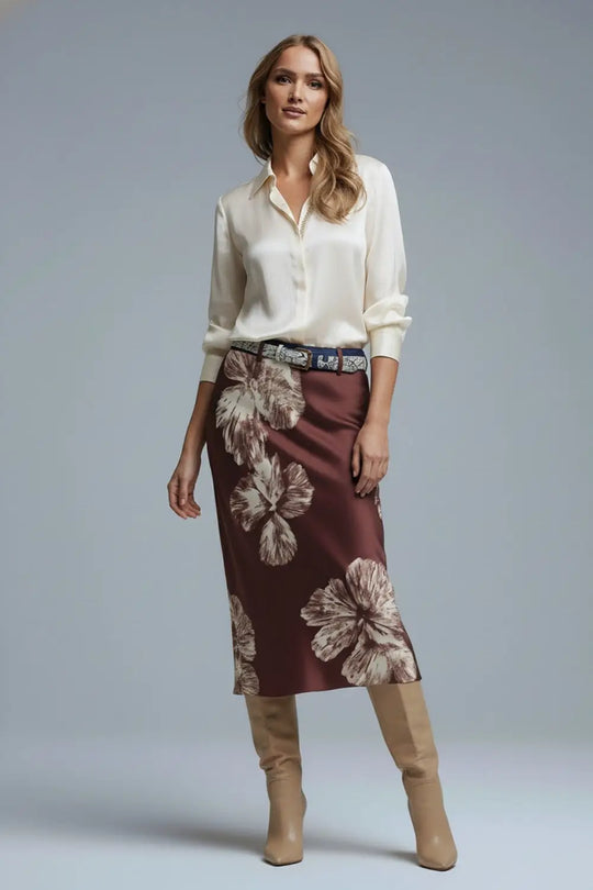 Burgundy Floral Satin Midi Skirt in satin - Skirts