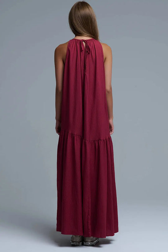 Burgundy Halter Neck Maxi Dress With Seam Detailing - Dresses