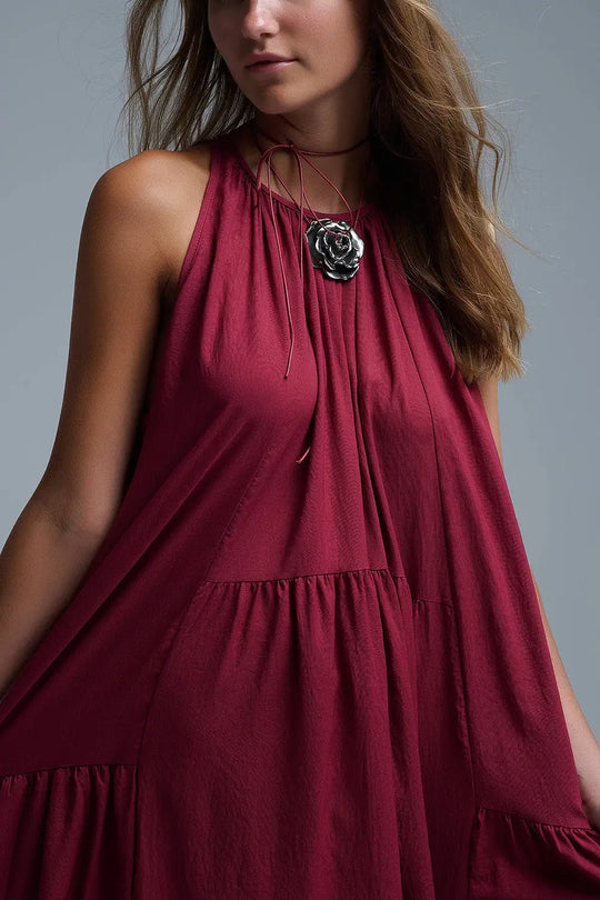 Burgundy Halter Neck Maxi Dress With Seam Detailing - Dresses