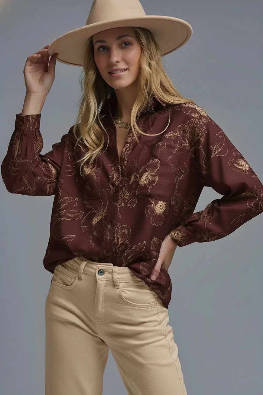 Q2 Burgundy Light-weight Flowy shirt in Autumnal Floral Print