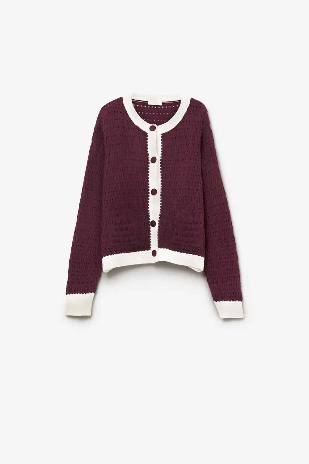 Q2 Burgundy Open-Knit Cardigan with Contrast Trim