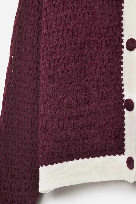 Burgundy Open-Knit Cardigan with Contrast Trim - One Size / Red - Sweaters