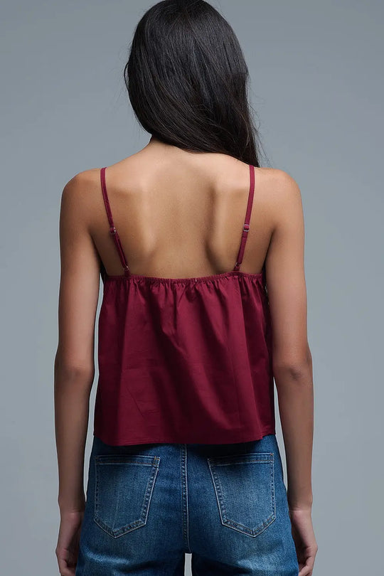 Burgundy poplin crop top with bow detail - Tops
