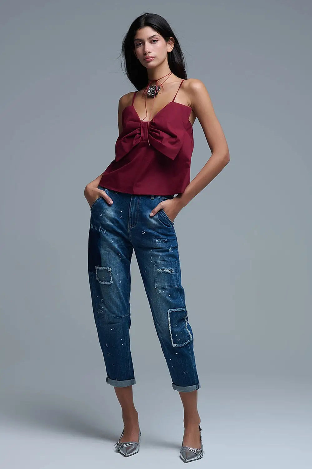 Burgundy poplin crop top with bow detail - Tops