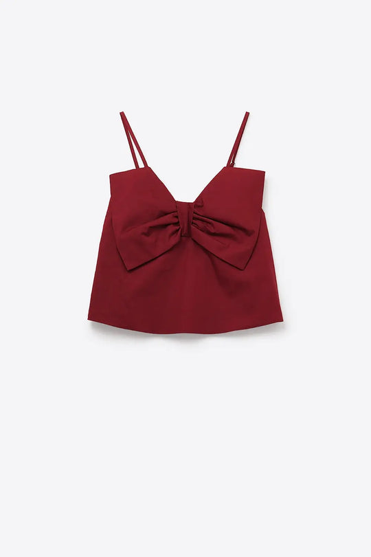Burgundy poplin crop top with bow detail - Tops