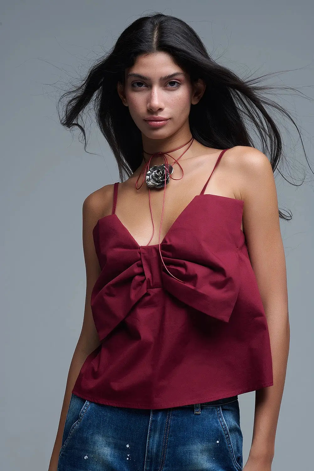 Burgundy poplin crop top with bow detail - Tops