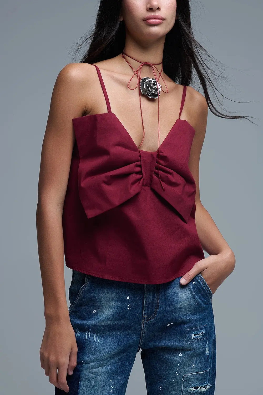 Burgundy poplin crop top with bow detail - Tops