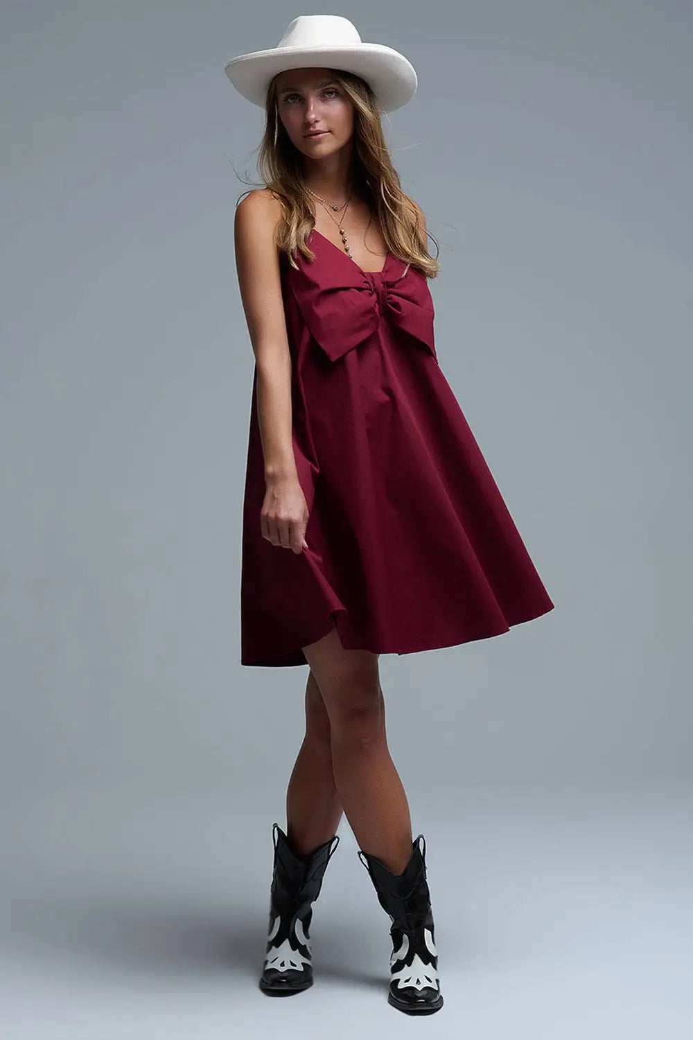 Burgundy poplin mini dress with a big bow detail - Dresses
