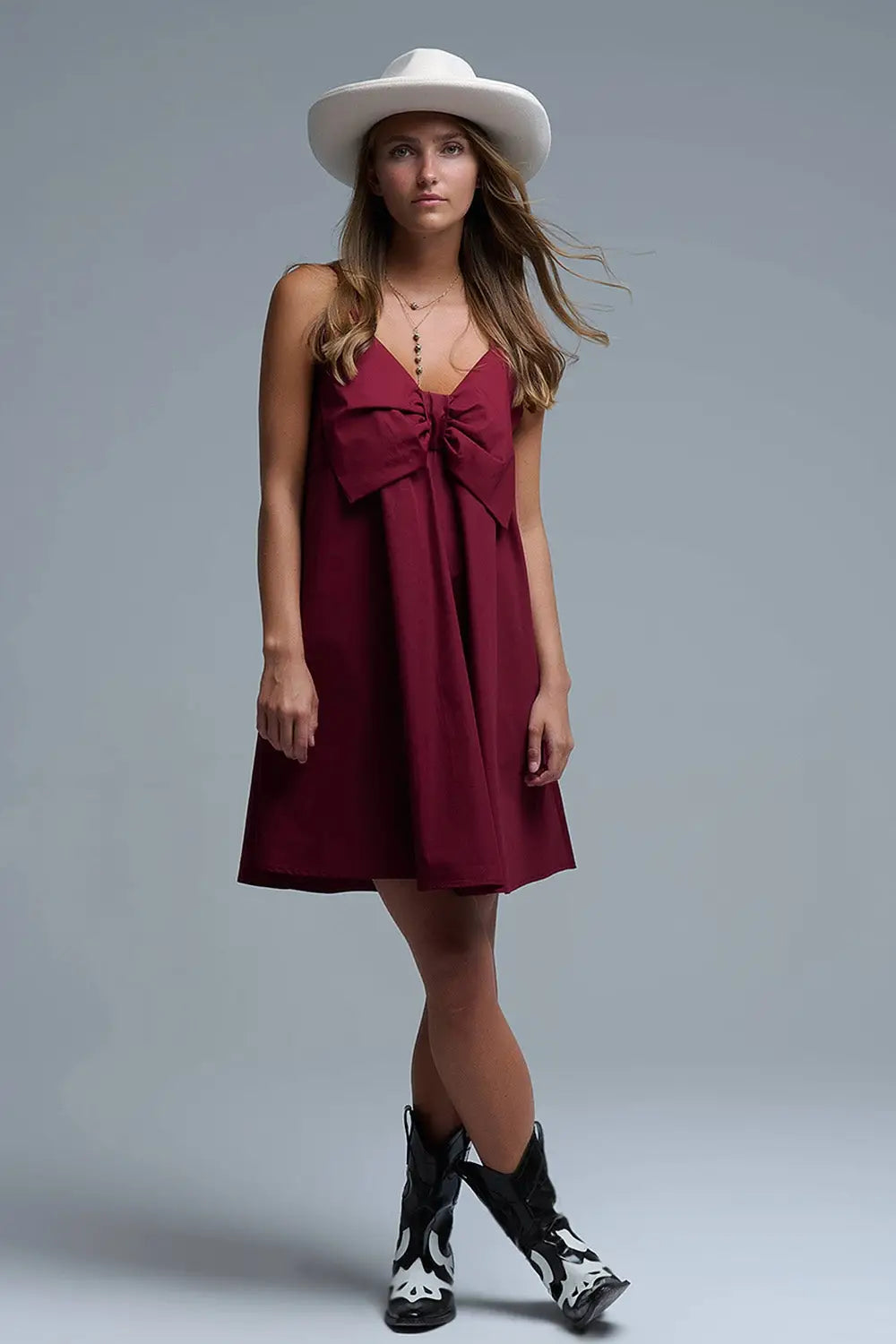 Q2 Burgundy poplin mini dress with a big bow detail