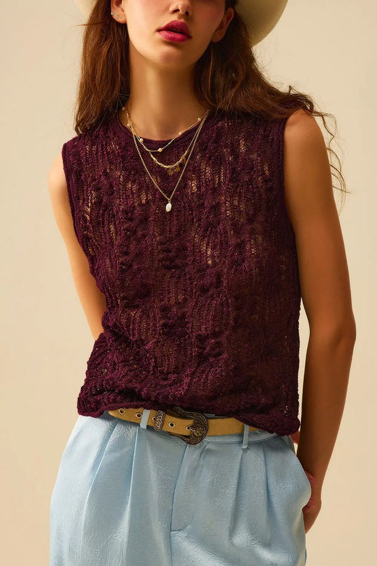 Q2 Burgundy Purple Crochet Sleeveless Sweater