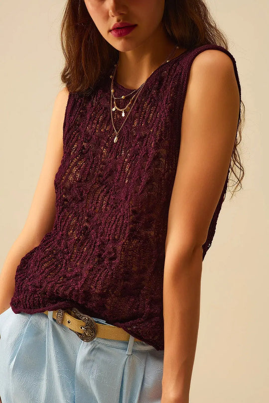 Burgundy Purple Crochet Sleeveless Sweater - Sweaters