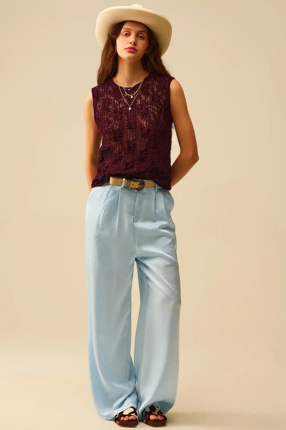 Burgundy Purple Crochet Sleeveless Sweater - Sweaters