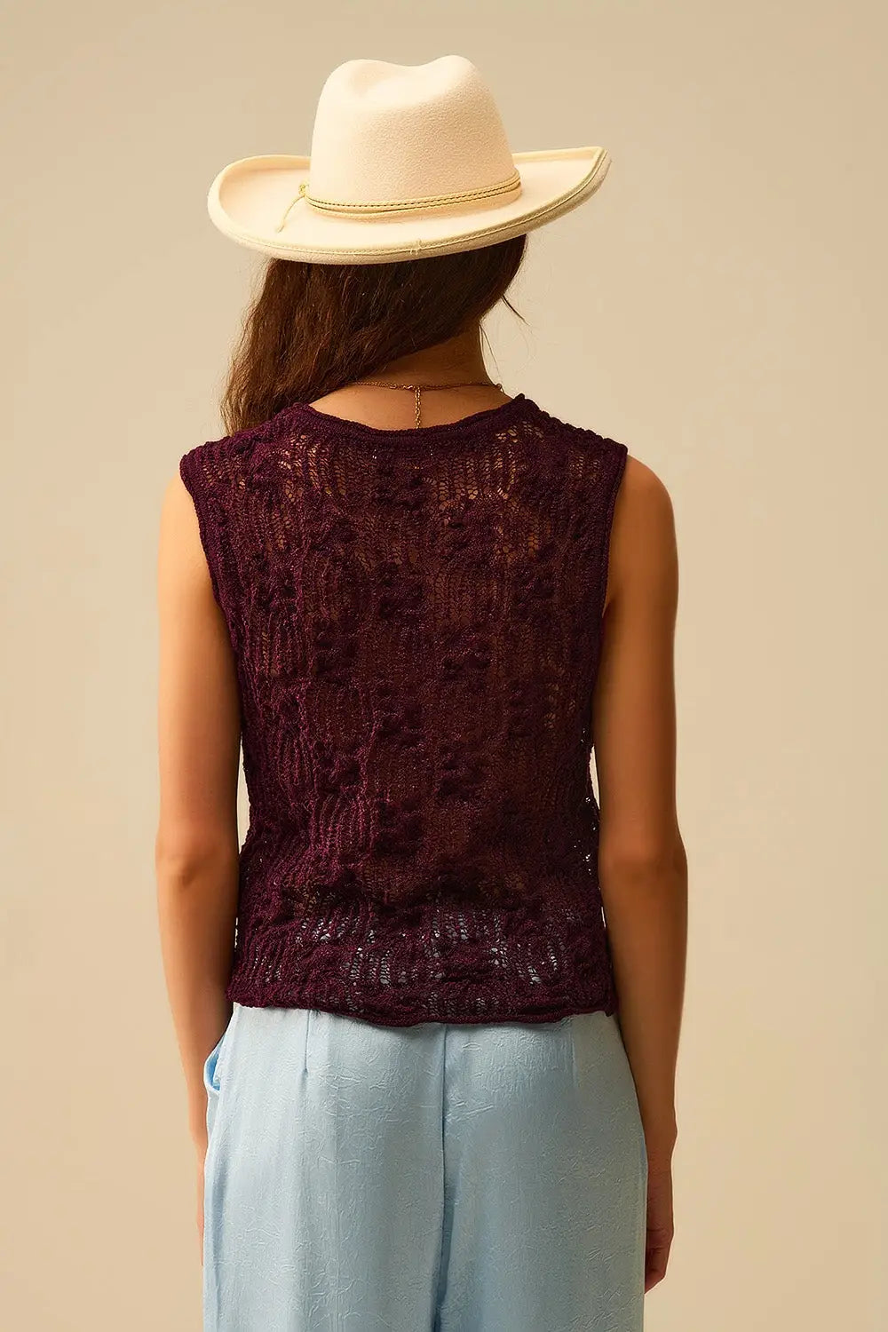Burgundy Purple Crochet Sleeveless Sweater - Sweaters