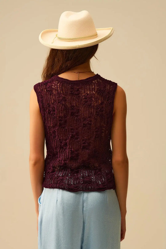 Burgundy Purple Crochet Sleeveless Sweater - Sweaters