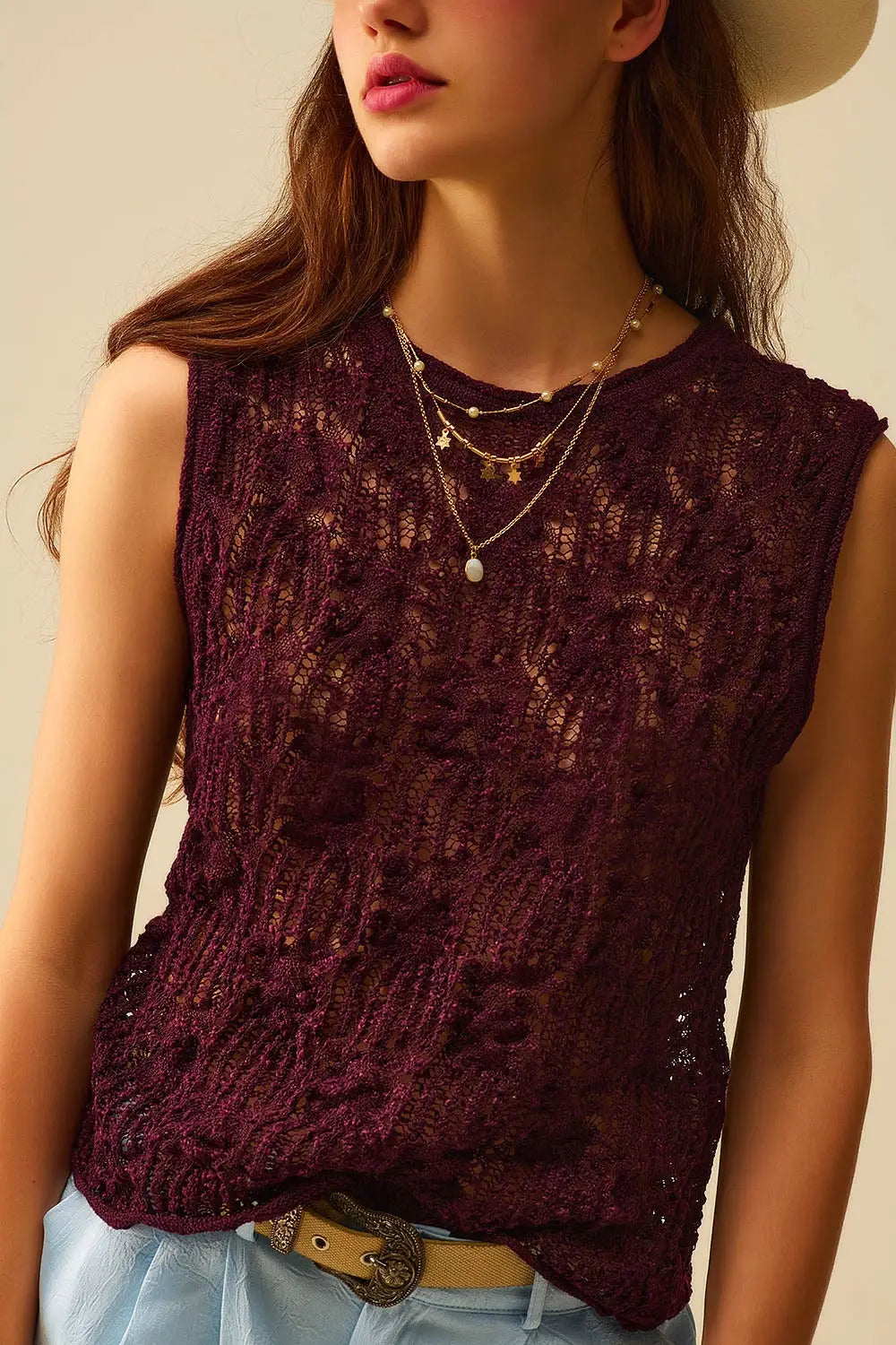 Burgundy Purple Crochet Sleeveless Sweater - Sweaters