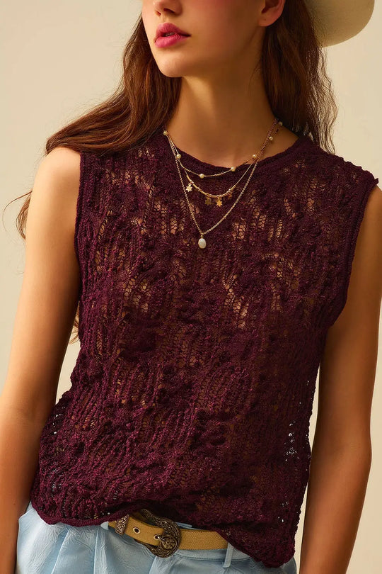 Burgundy Purple Crochet Sleeveless Sweater - Sweaters