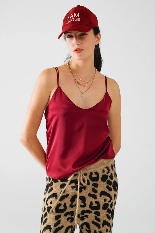 burgundy satin spaghetti strap top - Tops