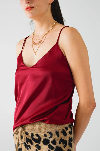 burgundy satin spaghetti strap top - Tops