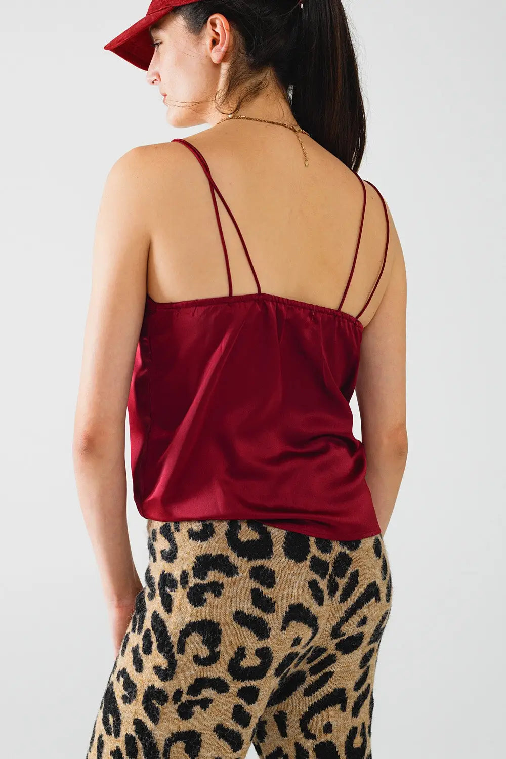 burgundy satin spaghetti strap top - Tops