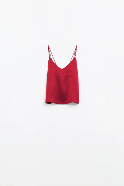 burgundy satin spaghetti strap top - Tops