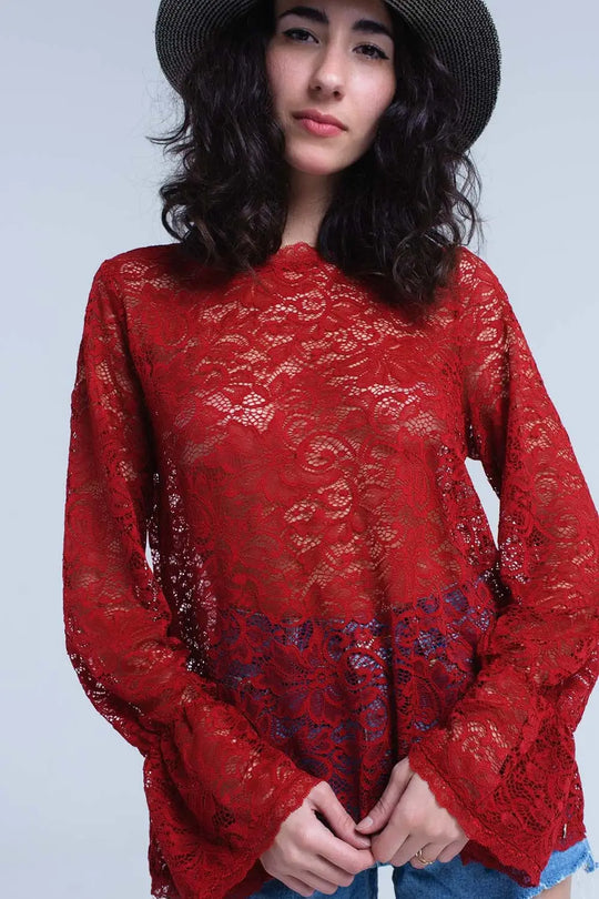Burgundy sheer lace top with bell sleeves - Shirts
