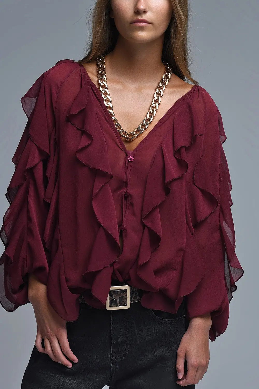 Q2 Burgundy V-Neck All Over Ruffle Blouse