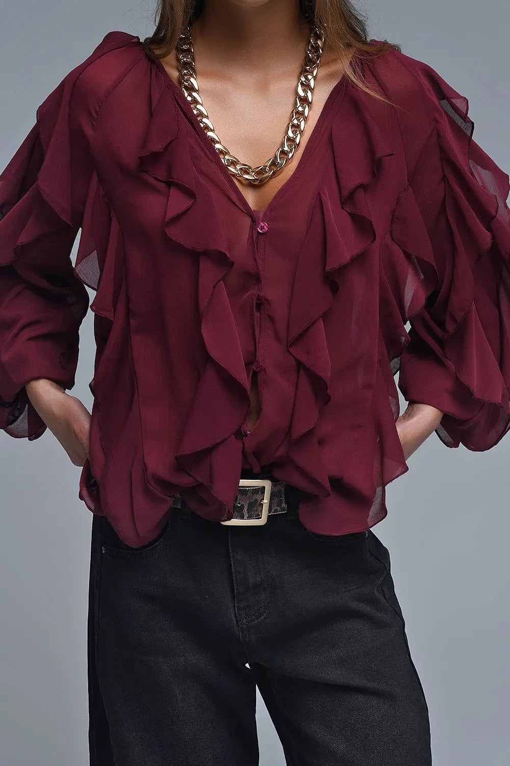 Burgundy V-Neck All Over Ruffle Blouse - Shirts