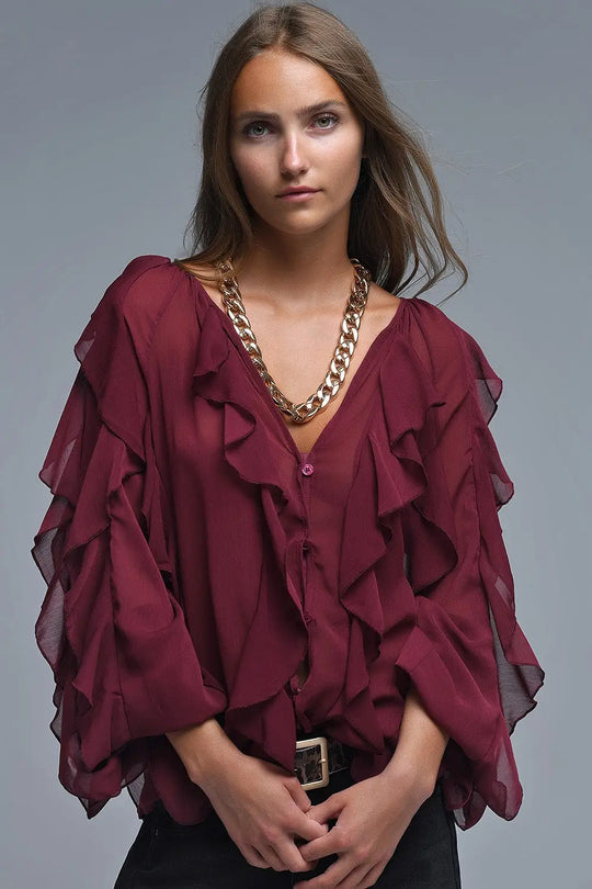 Burgundy V-Neck All Over Ruffle Blouse - Shirts