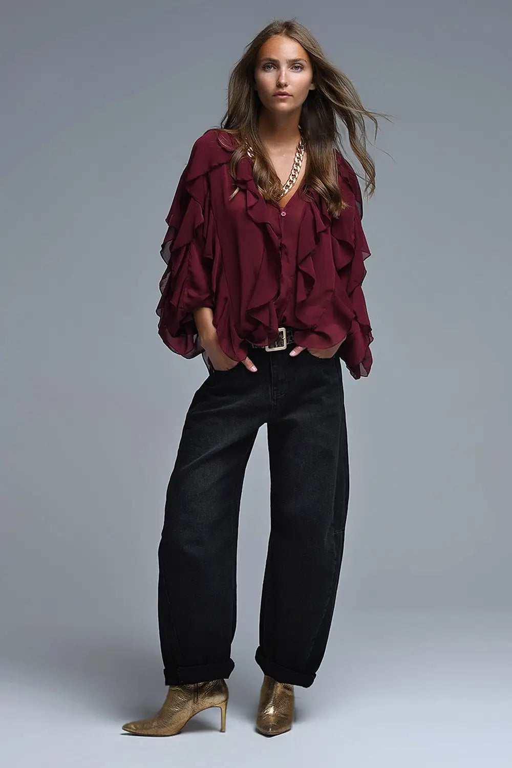 Burgundy V-Neck All Over Ruffle Blouse - Shirts
