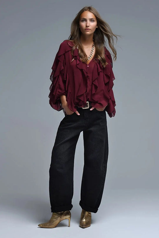 Burgundy V-Neck All Over Ruffle Blouse - Shirts