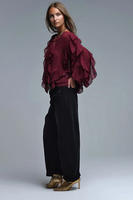 Burgundy V-Neck All Over Ruffle Blouse - Shirts