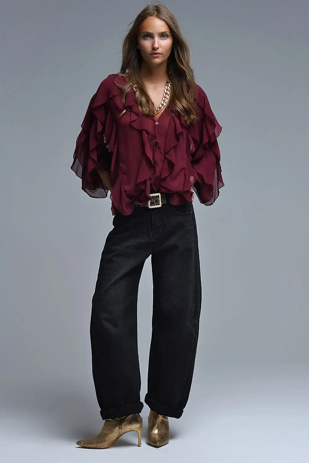 Burgundy V-Neck All Over Ruffle Blouse - Shirts