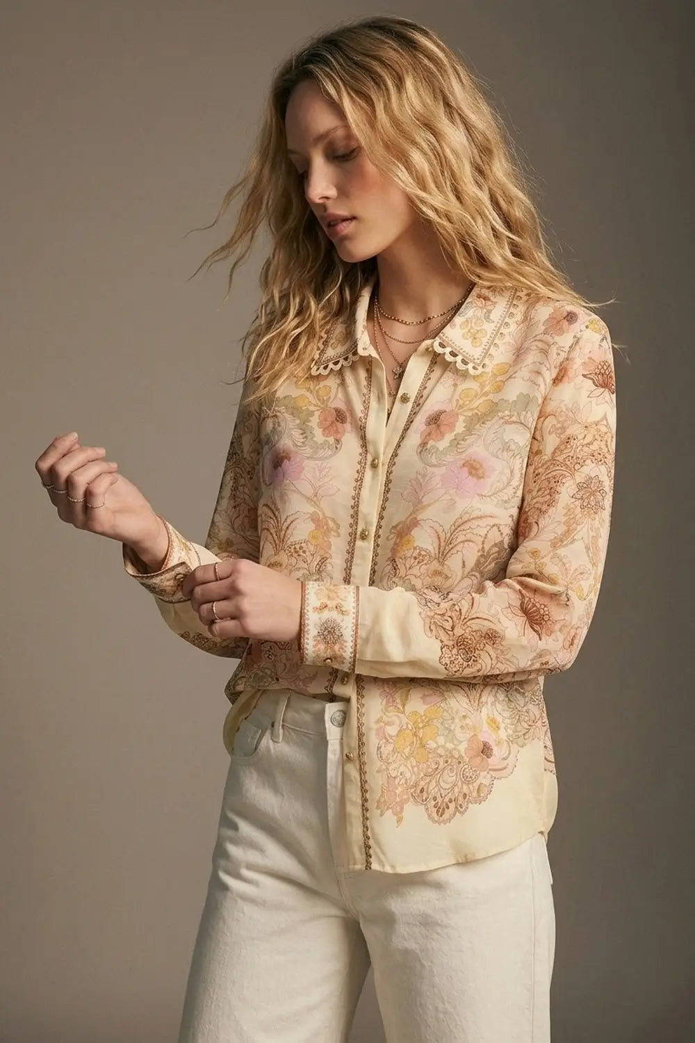 Q2 Butter yellow Floral Print shirt with Lace Trim detail