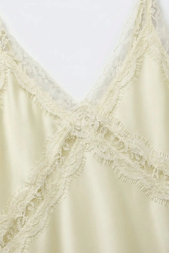 butter yellow Lace-Trim Satin Cami Top with Slim Straps - Shirts