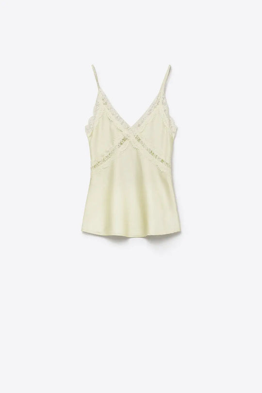 butter yellow Lace-Trim Satin Cami Top with Slim Straps - Shirts
