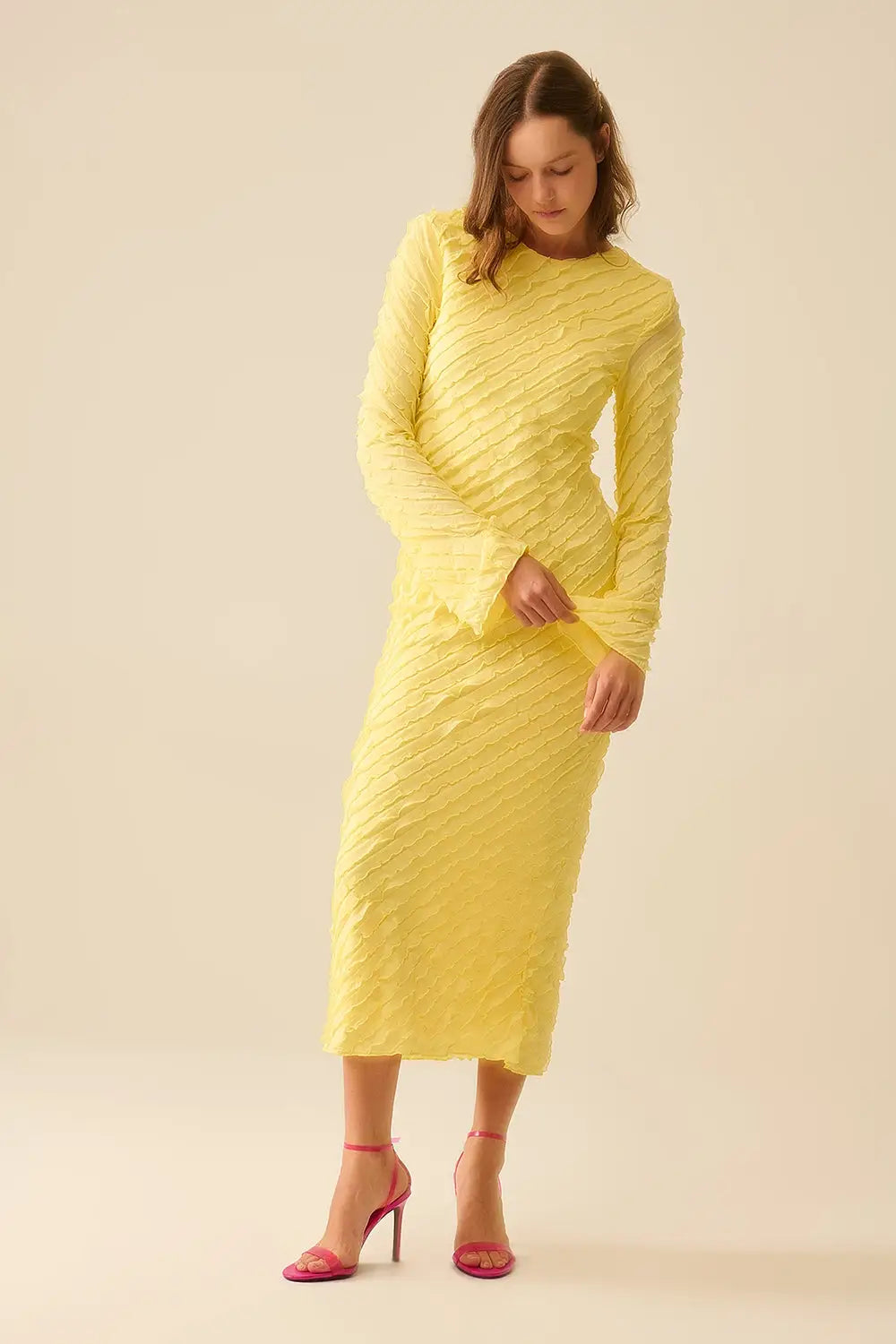 Butter Yellow Maxi Dress With Bias mini Ruffle Design - Dresses