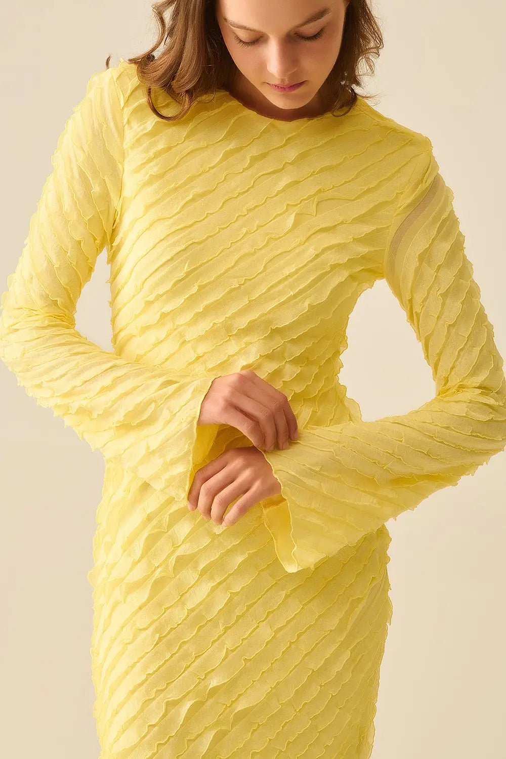 Butter Yellow Maxi Dress With Bias mini Ruffle Design - Dresses