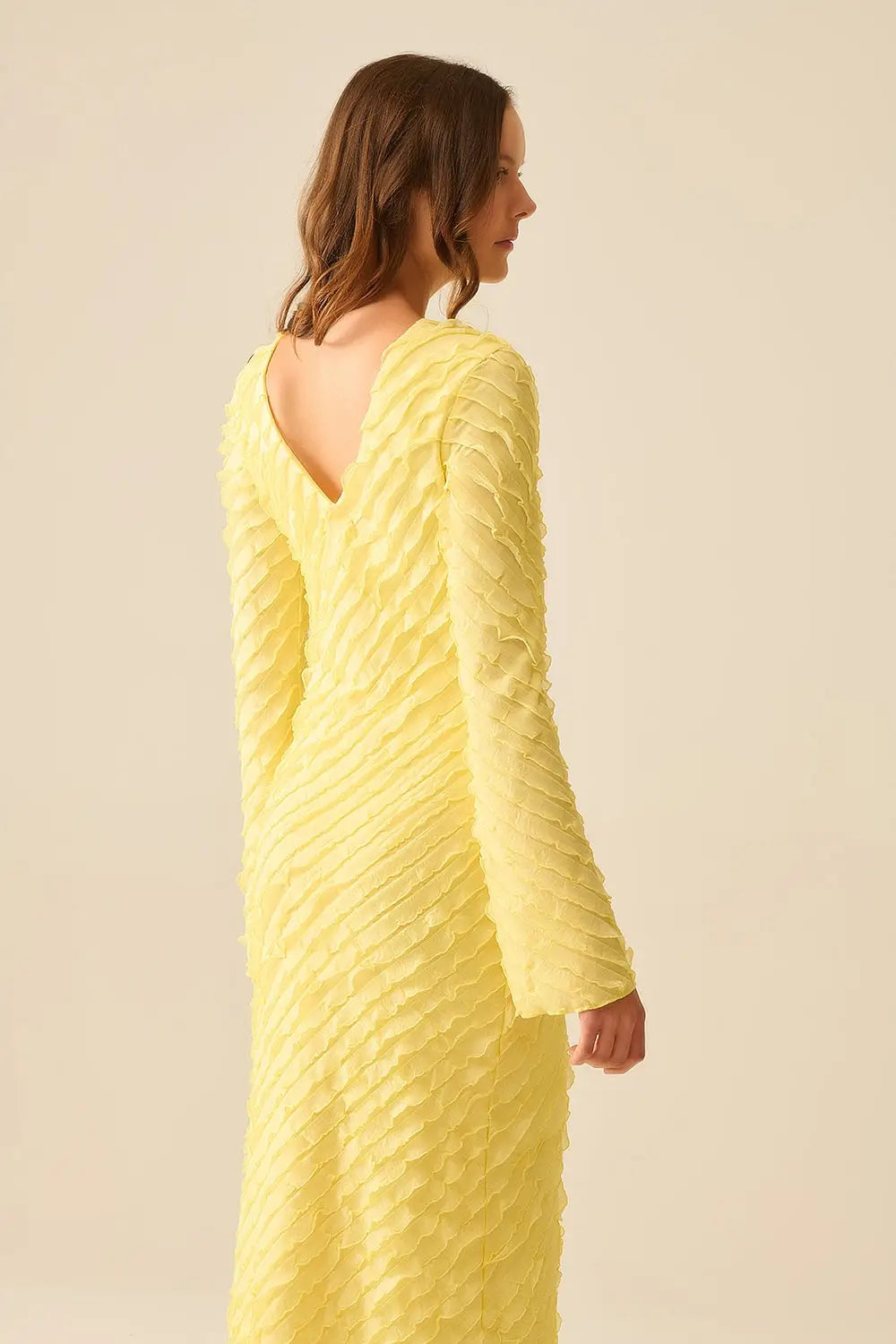 Butter Yellow Maxi Dress With Bias mini Ruffle Design - Dresses
