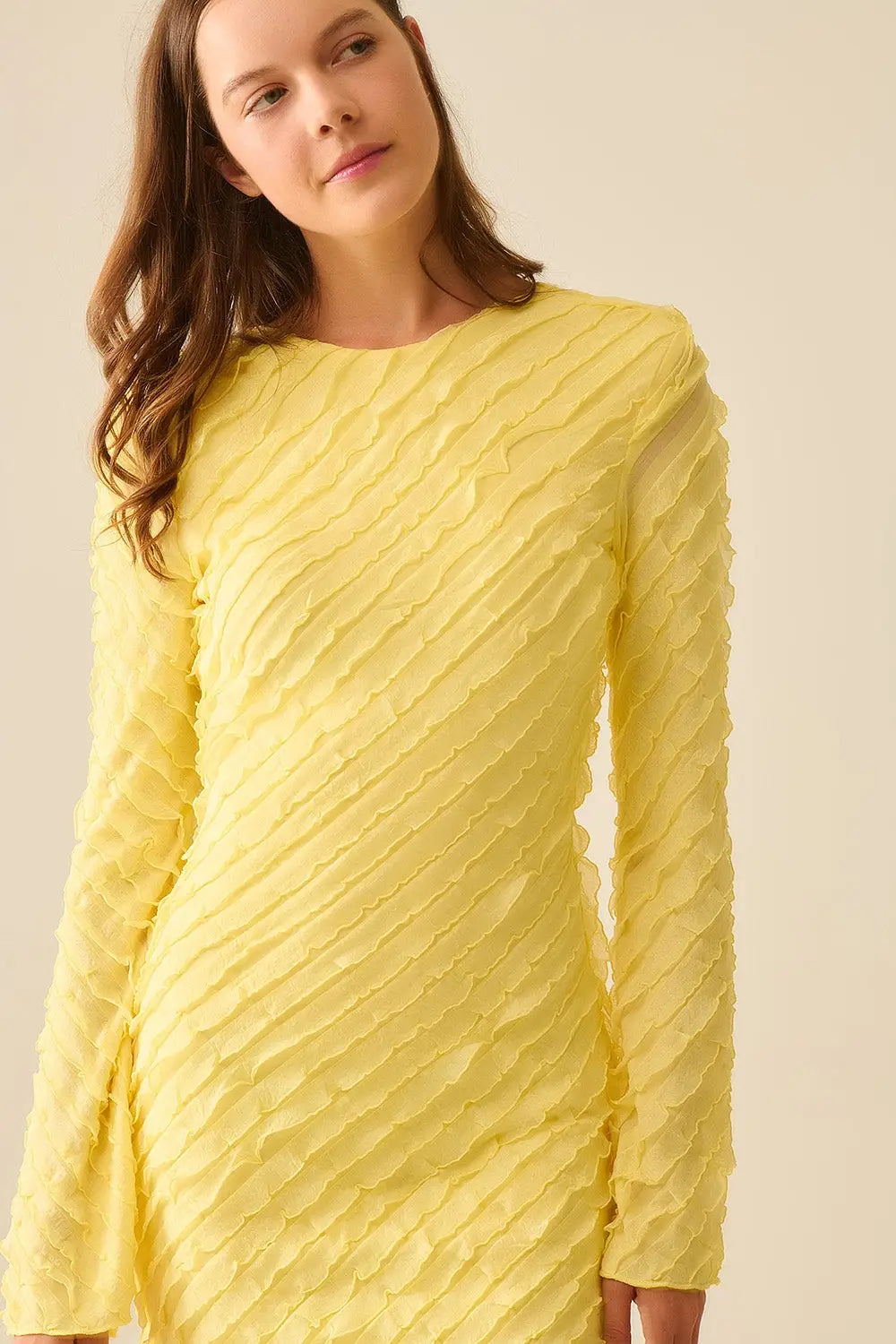Butter Yellow Maxi Dress With Bias mini Ruffle Design - Dresses