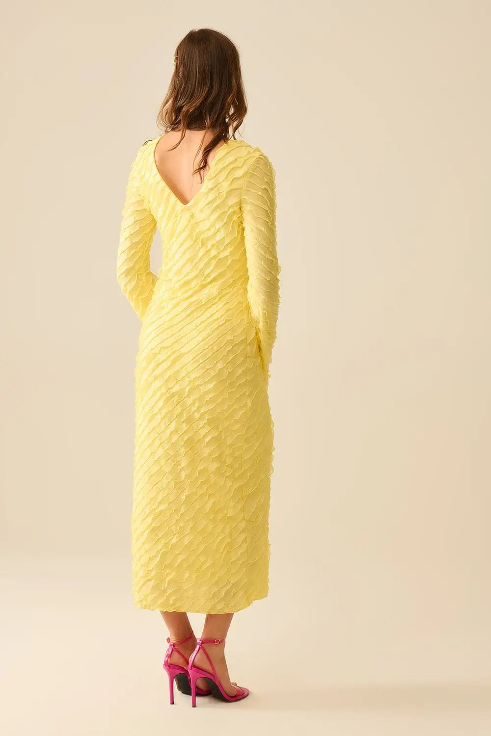 Butter Yellow Maxi Dress With Bias mini Ruffle Design - Dresses