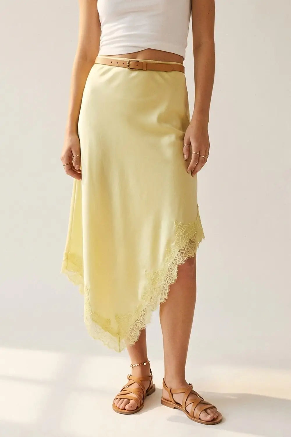 Q2 Butter Yellow Satin Handkerchief Skirt with Lace Trim