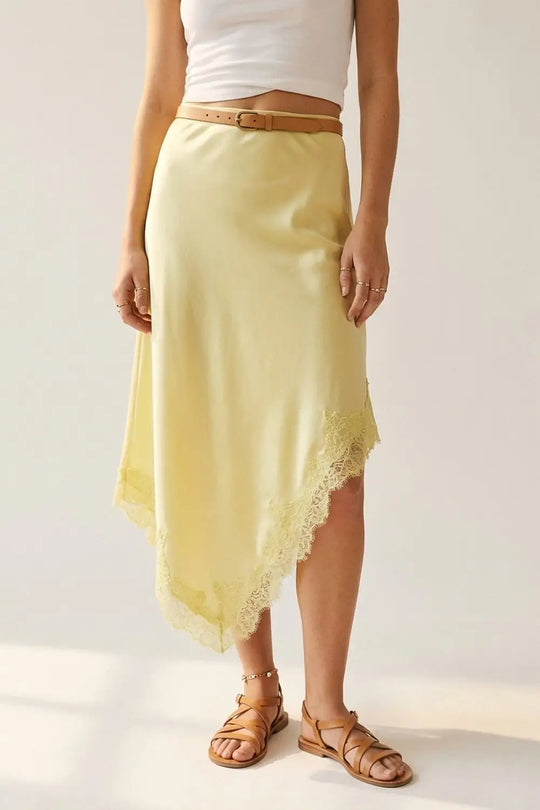 Q2 Butter Yellow Satin Handkerchief Skirt with Lace Trim