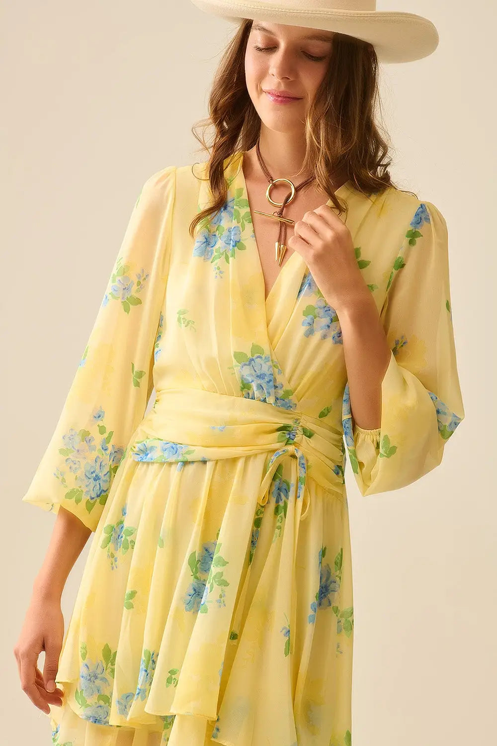 Butter yellow spring mini dress with ruched design - Dresses