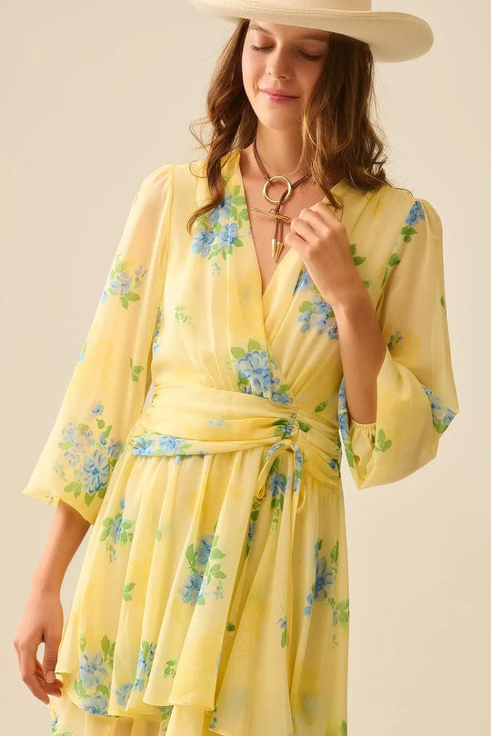Butter yellow spring mini dress with ruched design - Dresses
