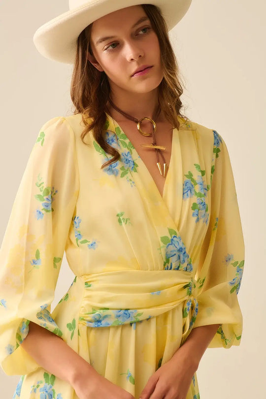 Butter yellow spring mini dress with ruched design - Dresses