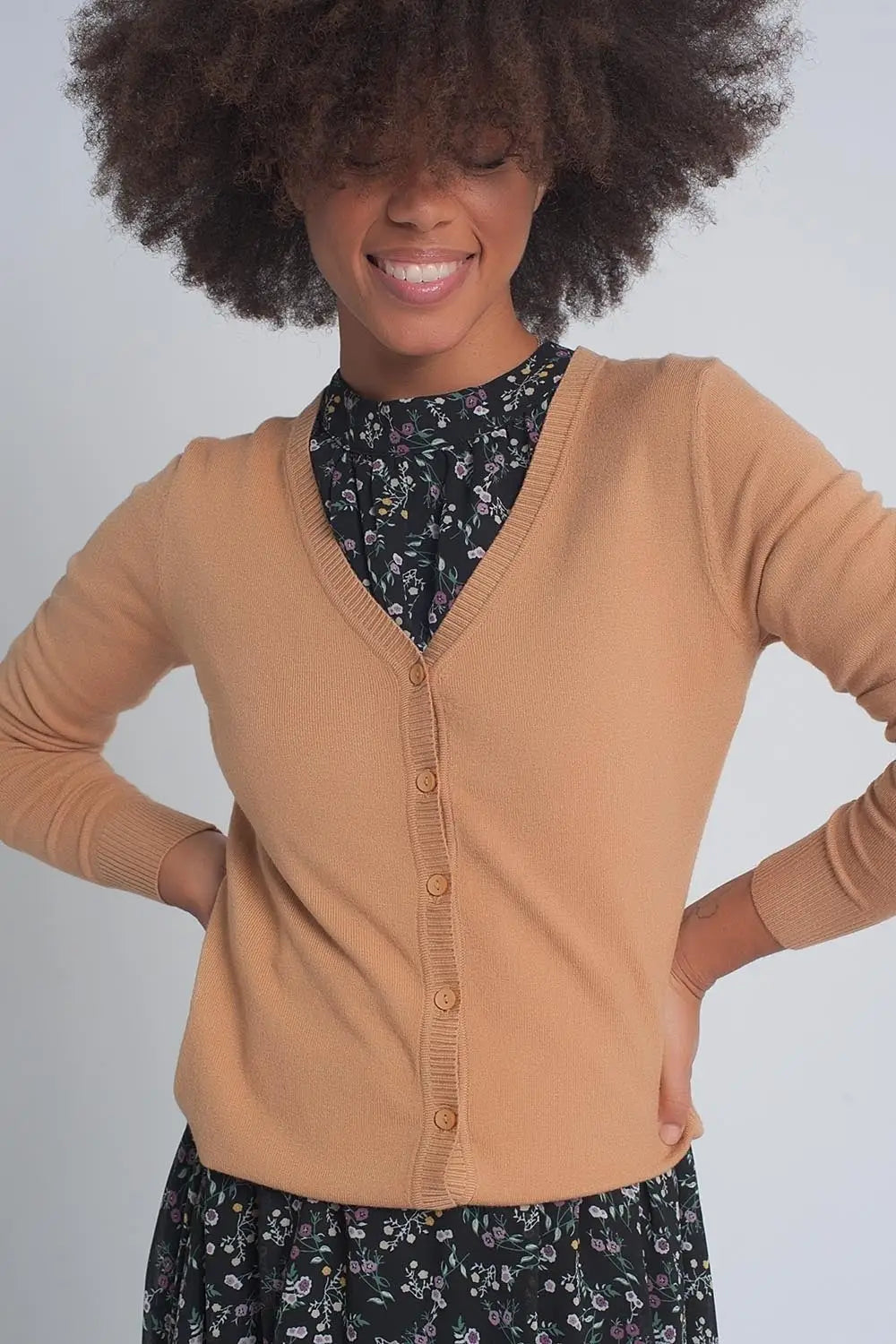 Button front cropped knit cardigan in camel - Sweaters