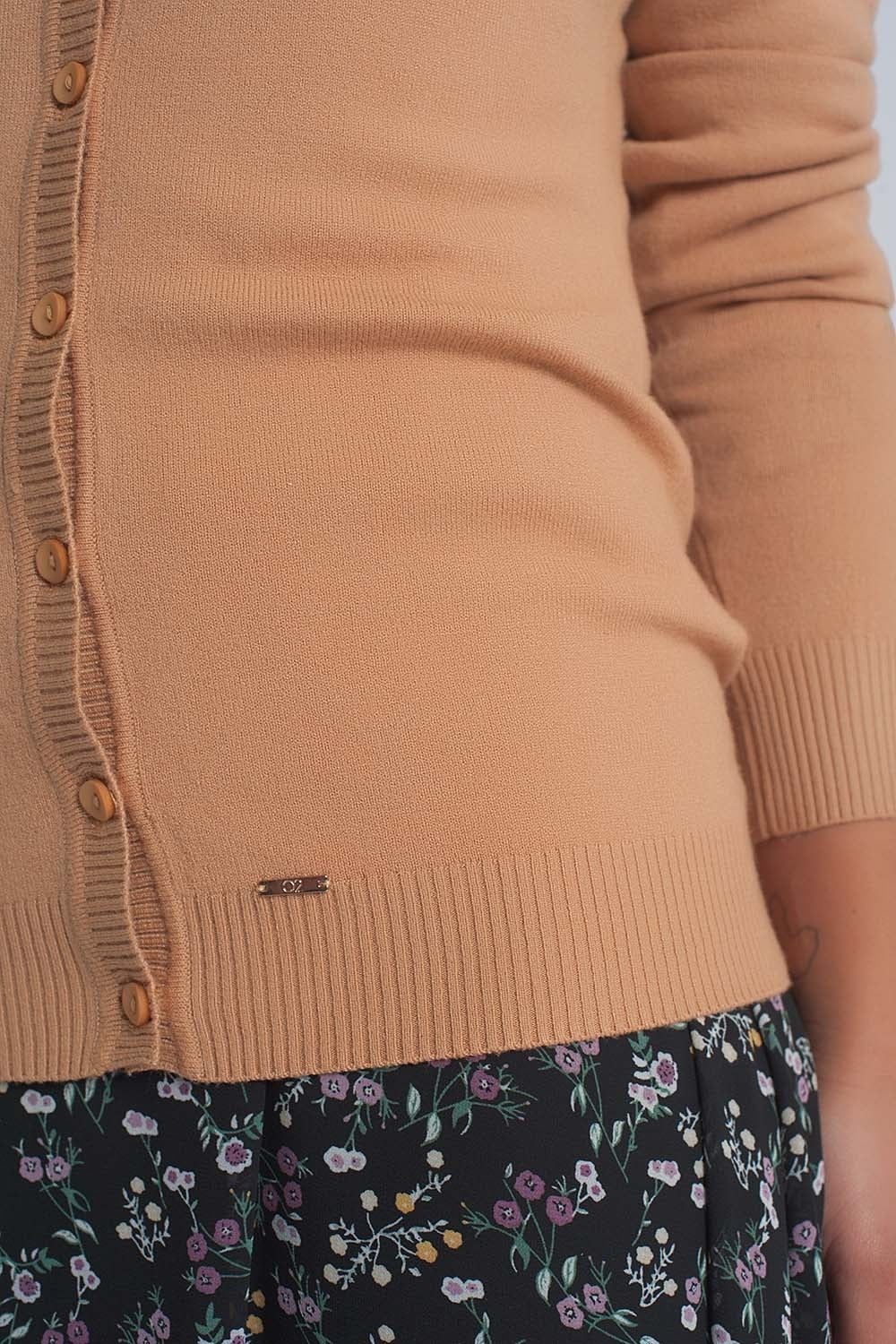 Button front cropped knit cardigan in camel